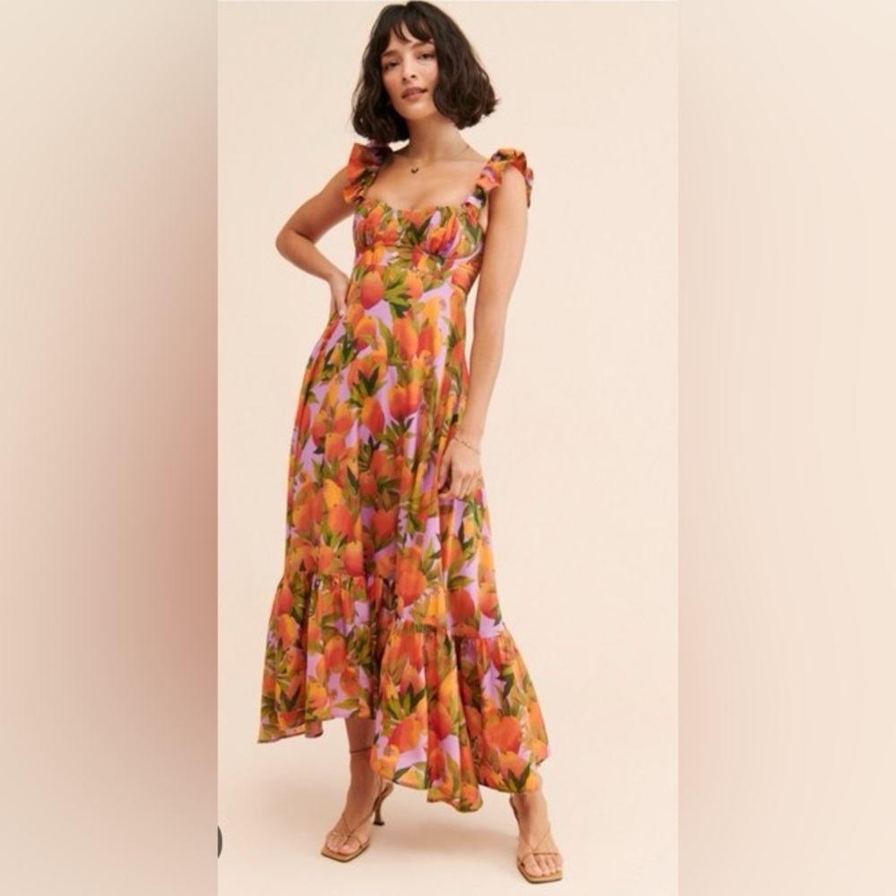 Farm Rio Lilac Mango Macaws Maxi Dress